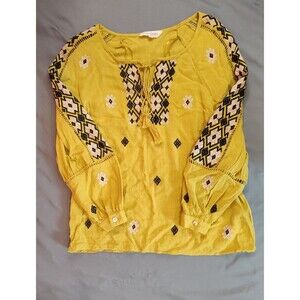 Women's Solitaire Long Sleeve Embroidered Tassel Blouse Small Yellow
